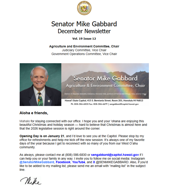 Image of page 1 of Senator Gabbard's December 2025 Newsletter